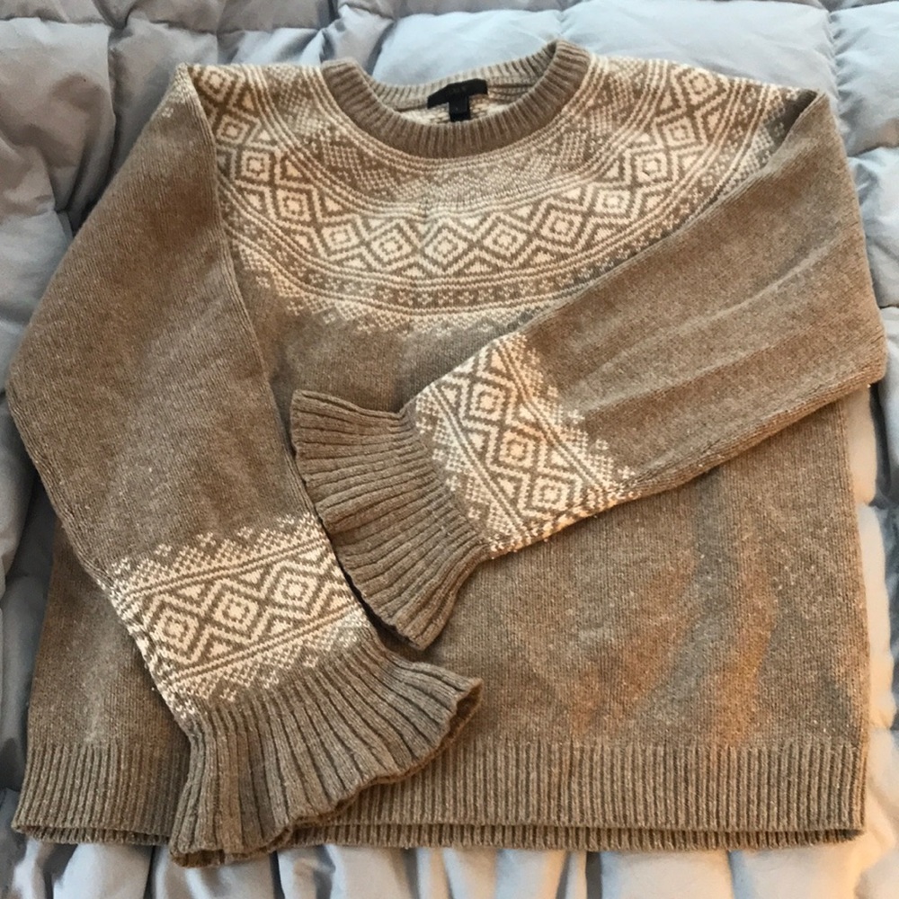 J Crew Fair Isle Ruffle Sleeve Tan Sweater